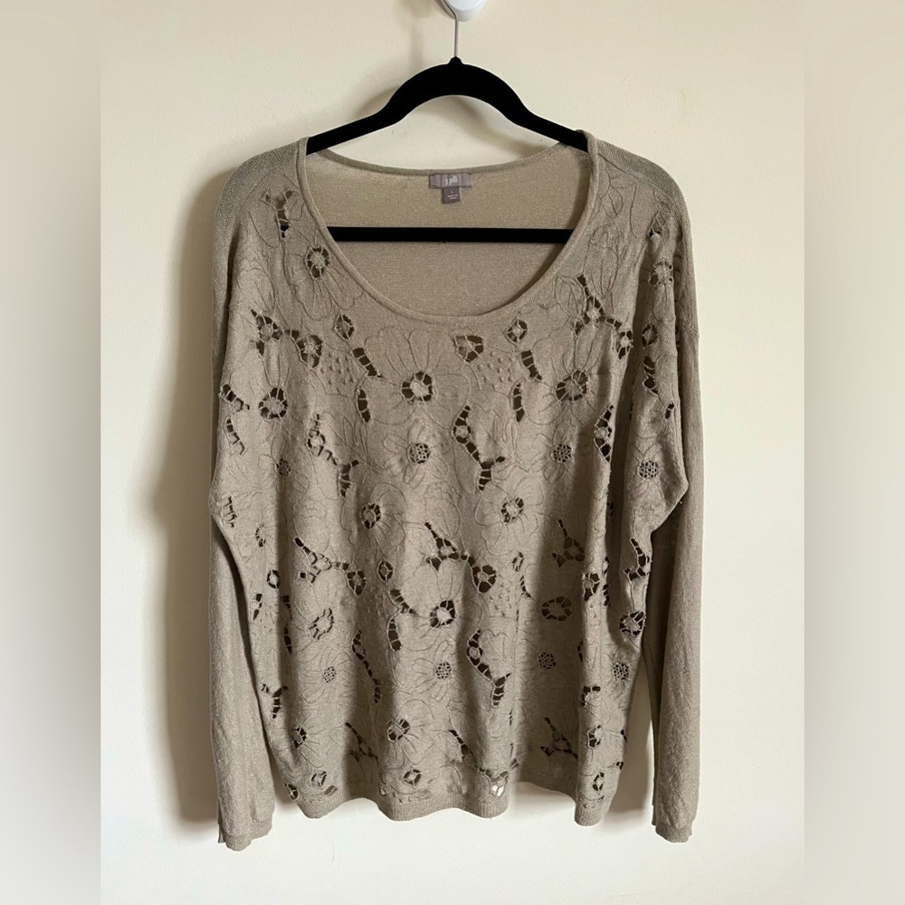 J. Jill Beige Linen Blend Eyelet Floral Scoop Neck Lightweight Sweater/Top Sz L